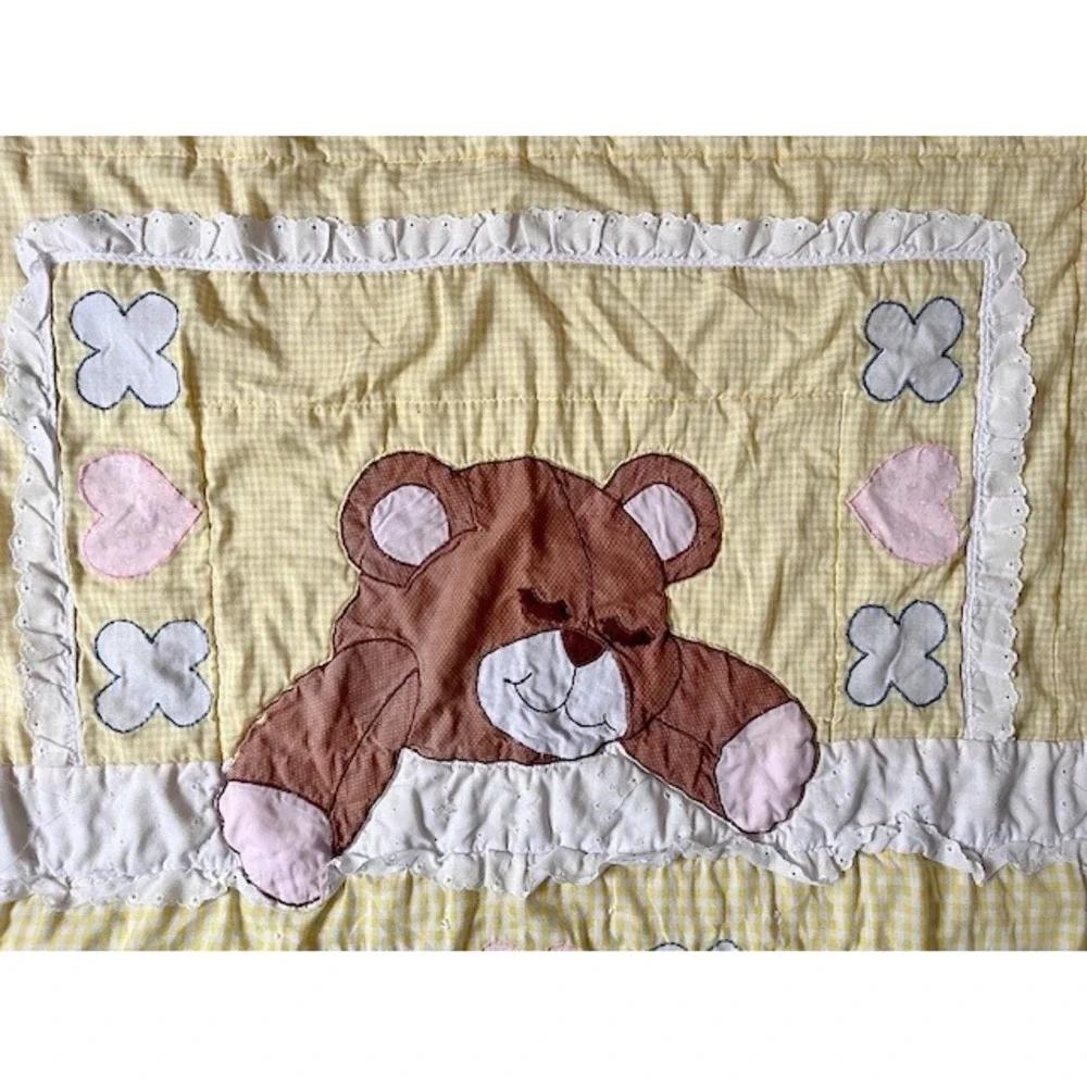 Vintage Teddy Bear‎ sleeping yellow gingham blanket